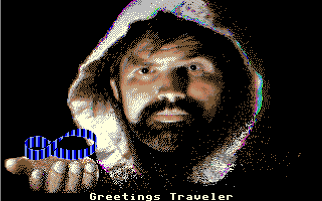 A bearded man wearing a hooded cloak, holding out his hand with a digital, pixelated blue and white infinity symbol hovering above his palm. The image has a retro, pixel art style reminiscent of old computer graphics or video games. At the bottom of the image, the text reads Greetings Traveler, giving the appearance of a welcome screen or message from a fantasy or adventure game.